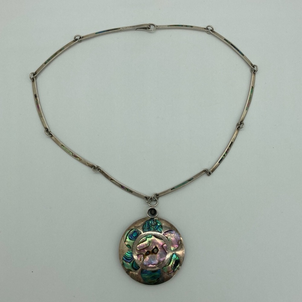 Vintage Abalone Shell and Sterling Silver 2 sided Pendant Necklace